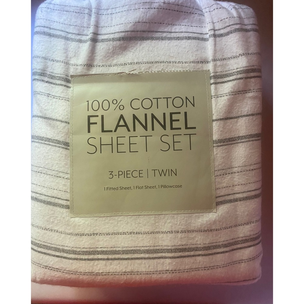 Twin Flannel Sheet Set 100% Cotton 3-Piece Grey Striped White New